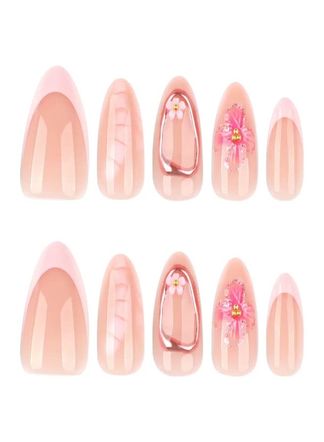 CTTHNBD Short Press on Nails Almond Fake Nails with 3D Flower Design Glue on Nails French Tip Gold Circle Glossy Full Cover Stick on Nails Elegant Acrylic Nails for Women 24 Pcs - Image 5
